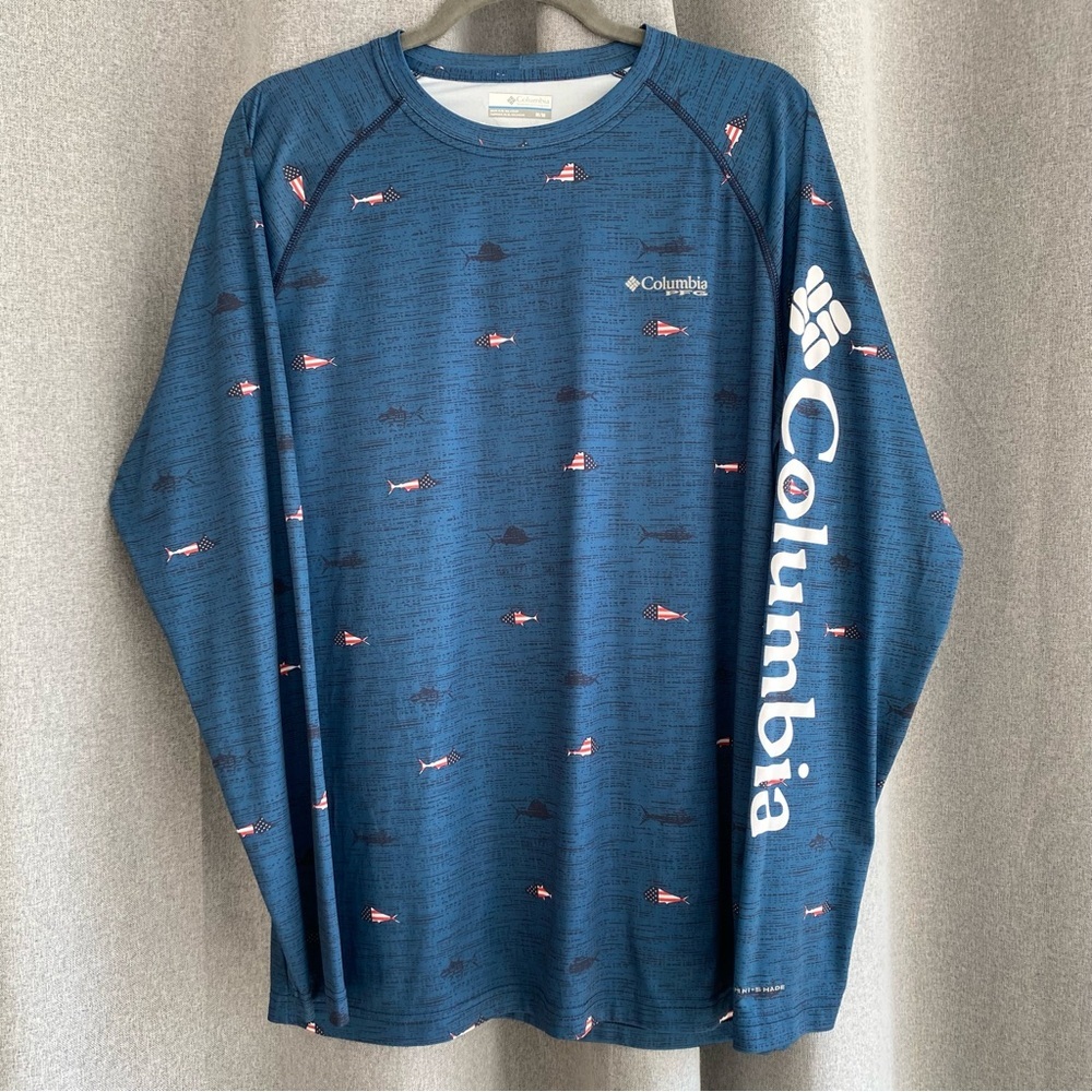 Columbia PFG Omni-Shade Men's Fish Flag Blue Long‎ Sleeve Shirt M